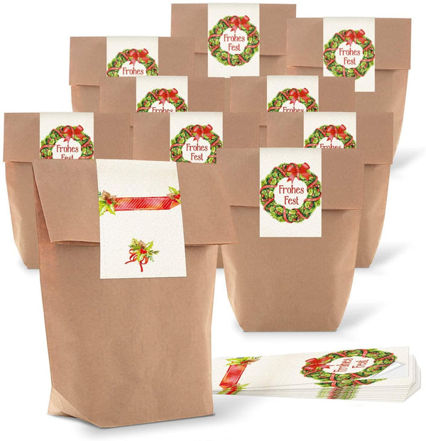 Braune Tüten mit Boden 14 x 22 x 5,6 cm + Weihnachtsbanderolen "FROHES FEST" 25 Stück