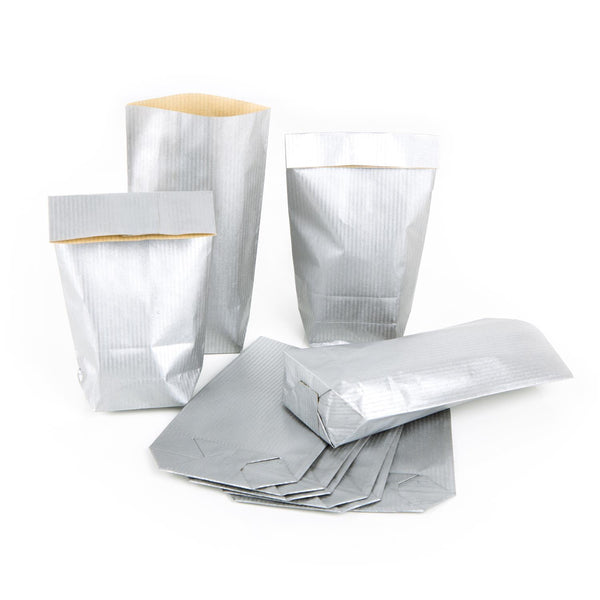 Silberne Papier-Kreuzbodenbeutel (9 x 15 x 3,5 cm) für Gastgeschenke Mitgebsel 50 Stück