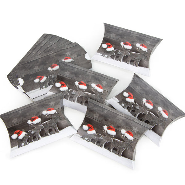 Geschenkschachtel für Weihnachten in 15 x 10,3 x 3 cm rot weiß grau mit Rentier Motiv - zum Befüllen und Verpacken 50 Stück