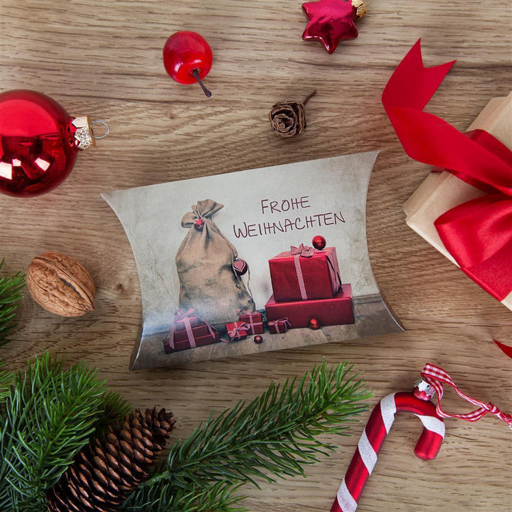 Kissenverpackung FROHE WEIHNACHTEN in 15 x 10,3 x 3 cm Vintage-Stil rot braun 50 Stück