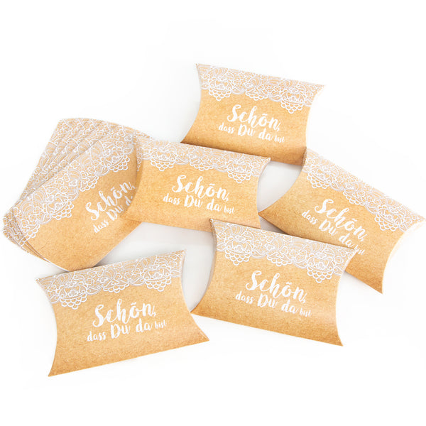 Kleine Geschenkboxen Schön, dass du da bist Kraftpapier-Optik braun weiß 50 Stück