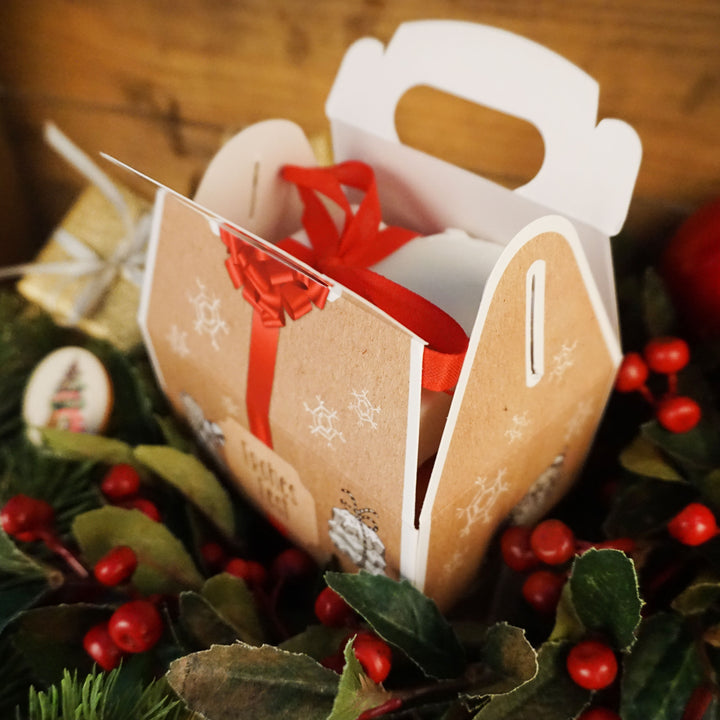 Weihnachtsschachtel FROHES FEST braun rot 9 x 12 x 6 cm mit Tragegriff - weihnachtliche Verpackung 25 Stück
