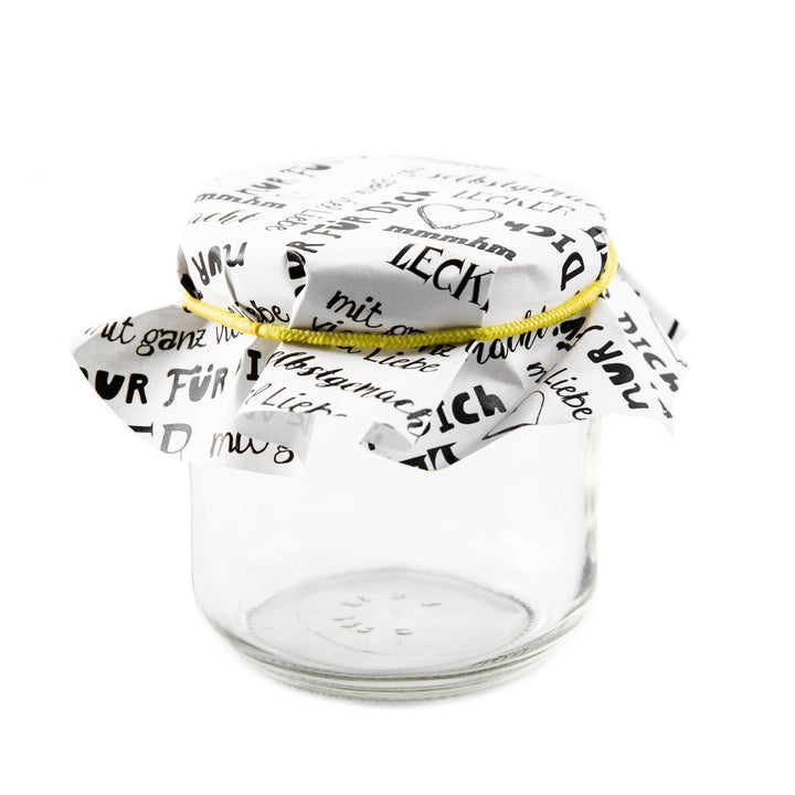 Schmuckdeckchen für Marmeladengläser Ø 14,8 cm aus Papier mit Text schwarz weiß 10 Stück