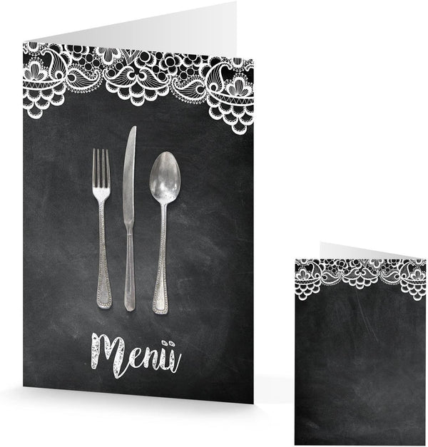 Elegante Speisekarte zum Bedrucken & Beschriften schwarz wieß mit Spitze DIN A5 50 Stück