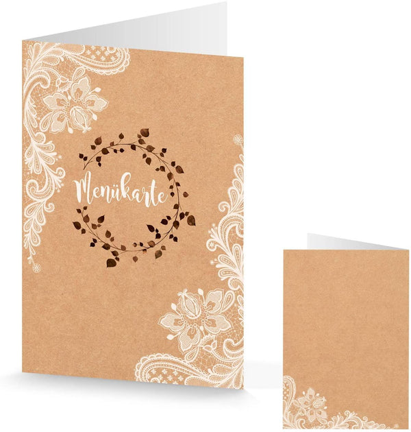Menükarten bedruckbar & beschreibbar in Kraftpapieroptik braun weiß Vintage Boho 50 Stück