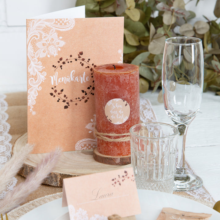 Menükarten bedruckbar & beschreibbar in Kraftpapieroptik braun weiß Vintage Boho 50 Stück