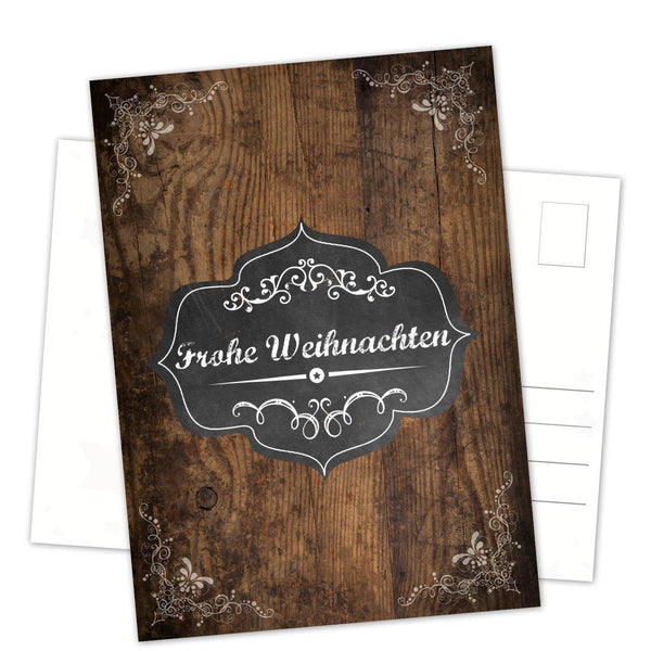 Postkarten Weihnachten DIN A6 hoch Holzoptik dunkelbraun und Text Frohe Weihnachten 50 Stück