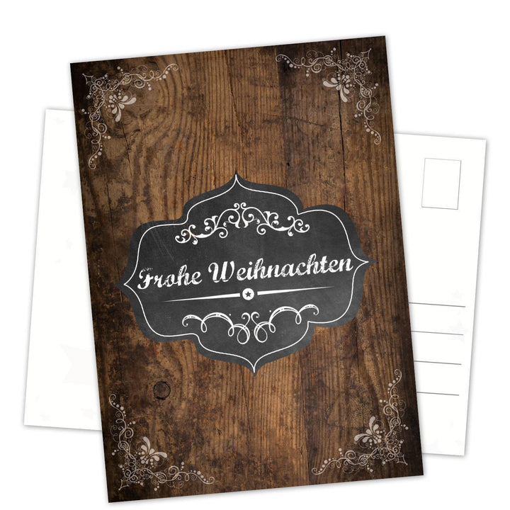 Postkarten Weihnachten DIN A6 hoch Holzoptik dunkelbraun und Text Frohe Weihnachten 50 Stück