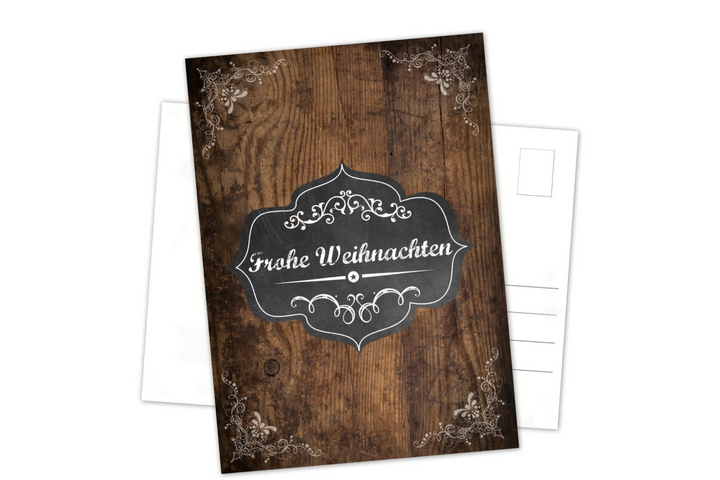 Postkarten Weihnachten DIN A6 hoch Holzoptik dunkelbraun und Text Frohe Weihnachten 50 Stück