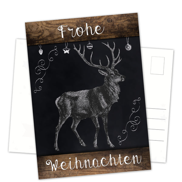 Postkarten Weihnachten DIN A6 hoch Tafelkreide-Optik schwarz weiß mit Holzoptik und Hirsch-Motiv 100 Stück