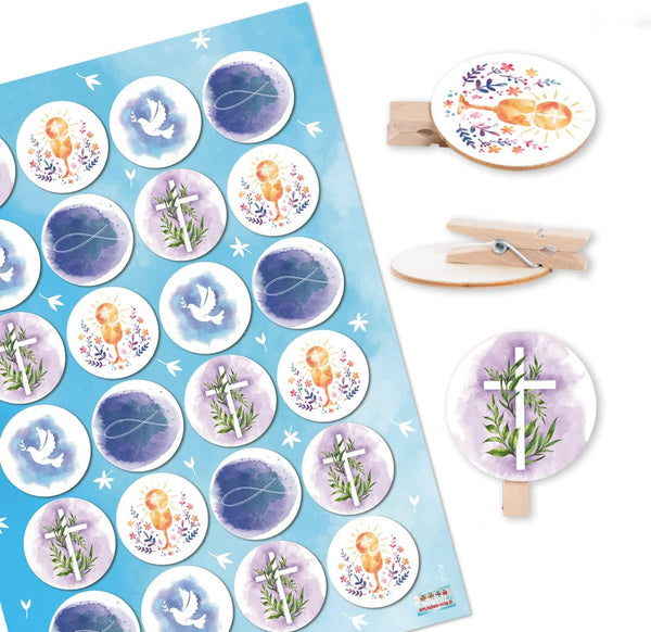 Runde Holzklammern + Sticker mit christlichen Symbolen in blau 96 Stück