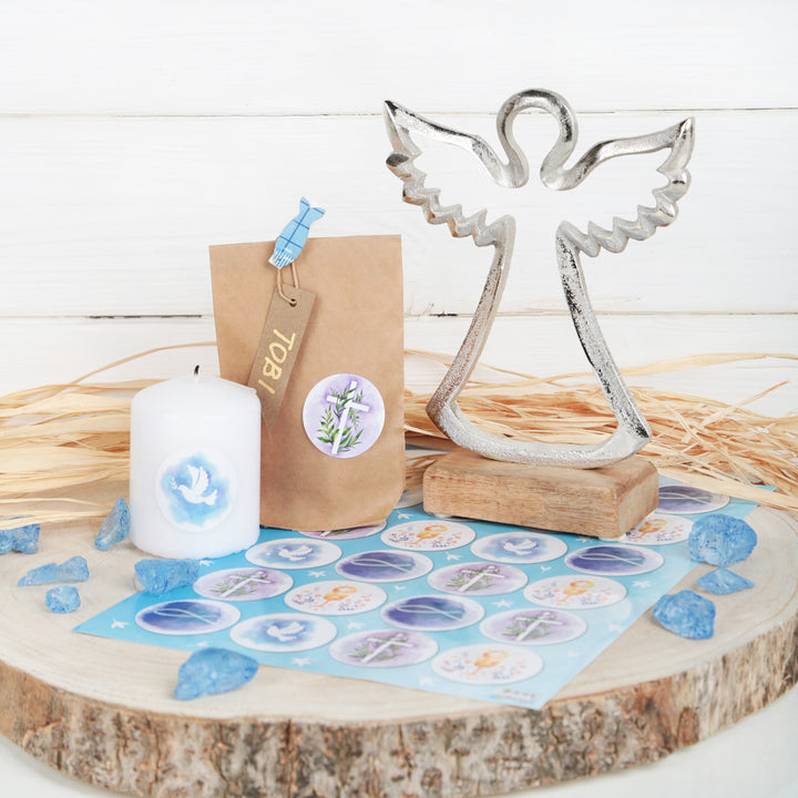 Runde Holzklammern + Sticker mit christlichen Symbolen in blau 96 Stück