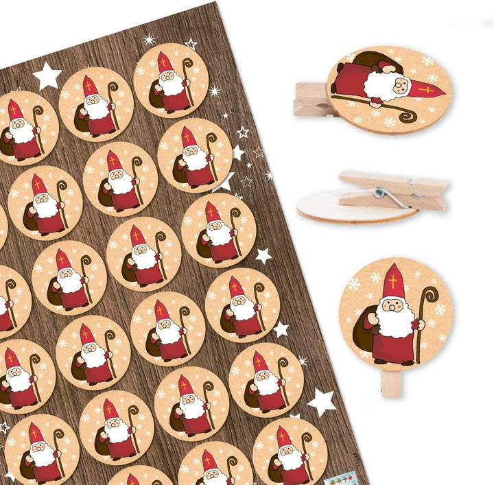 Runde Holzklammern mit Heiliger Nikolaus Aufklebern 96 Stück