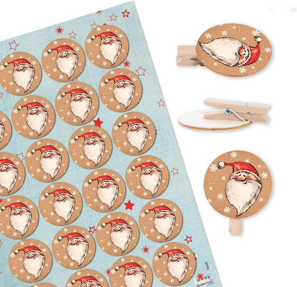 Weihnachtsmann Aufkleber + passende Holzklammern 96 Stück