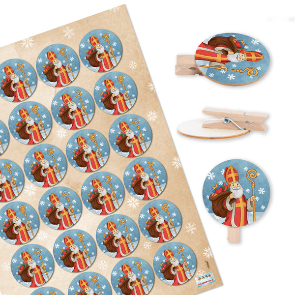Aufkleber Nikolaus + Holzklammern rund - Weihnachtsklammern 96 Stück