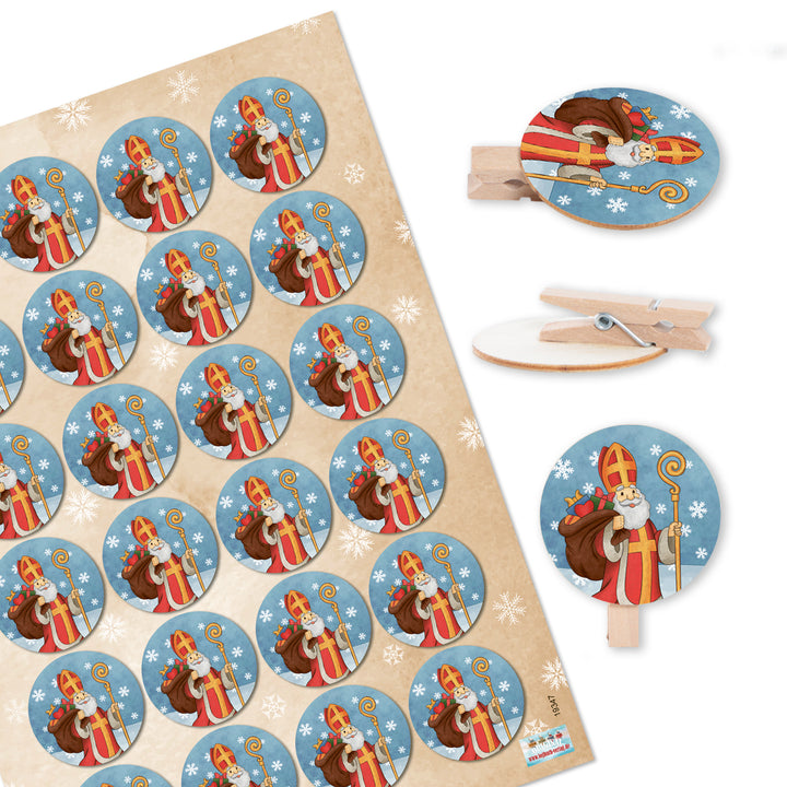 Aufkleber Nikolaus + Holzklammern rund - Weihnachtsklammern 96 Stück