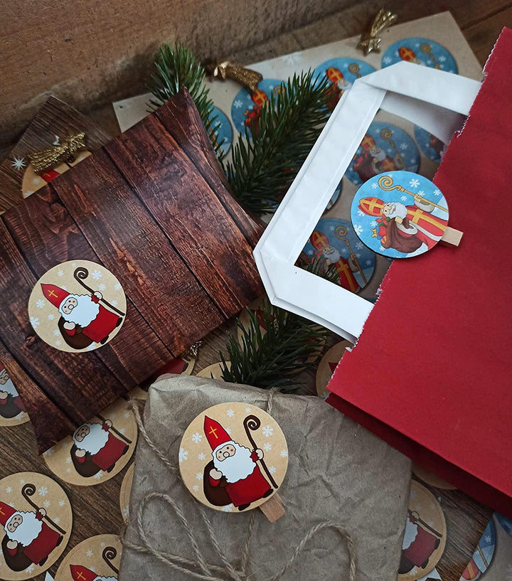 Aufkleber Nikolaus + Holzklammern rund - Weihnachtsklammern 96 Stück