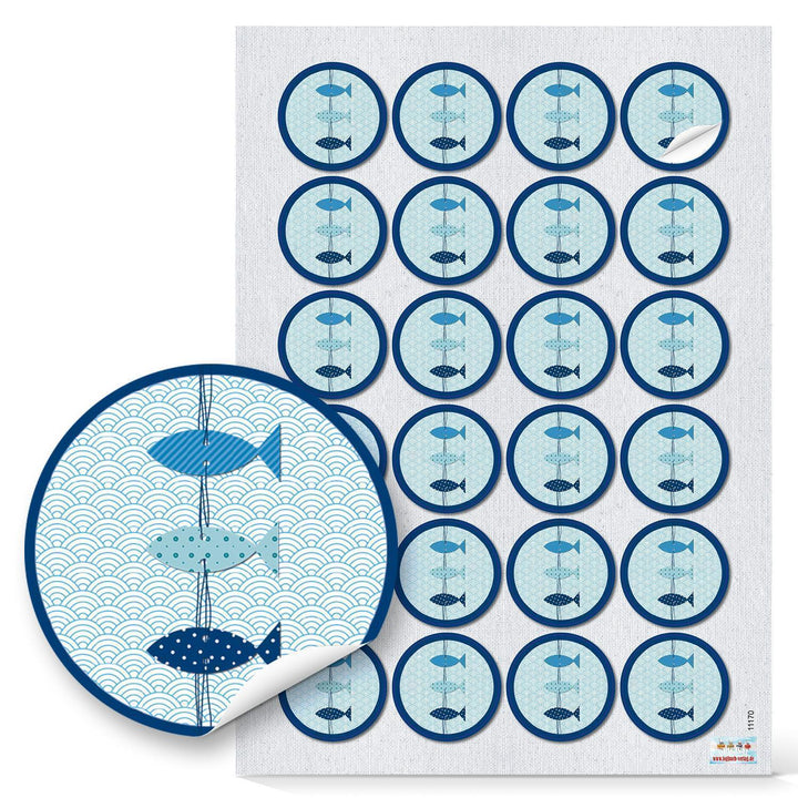 Fische Aufkleber blau hellblau Ø 4 cm für Kommunion & Taufe 96 Aufkleber / 4 Bögen