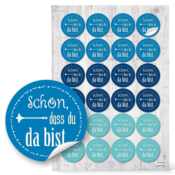 Schön dass du da bist Aufkleber 4 cm rund blau türkis 96 Aufkleber / 4 Bögen