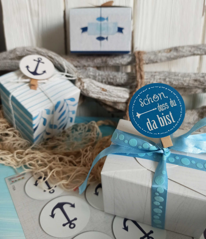 Schön dass du da bist Aufkleber 4 cm rund blau türkis 96 Aufkleber / 4 Bögen