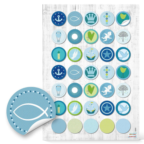 Geschenkaufkleber blau grün für Kinder Taufe Kommunion Ø 3 cm 140 Aufkleber / 4 Bögen