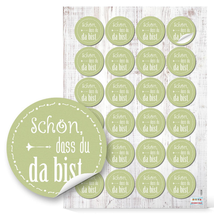 Schön, dass du da bist Sticker hellgrün Ø 4 cm 96 Aufkleber / 4 Bögen