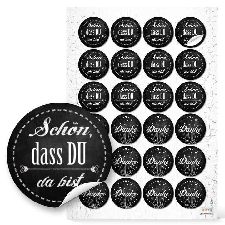 Aufkleber Schön, dass du da bist + Danke Sticker schwarz weiß Ø 4 cm 96 Aufkleber / 4 Bögen