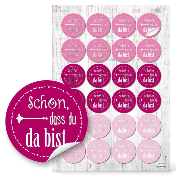 Rosa Sticker Schön, dass du da bist rund Ø 4 cm Kommunion Taufe 96 Aufkleber / 4 Bögen