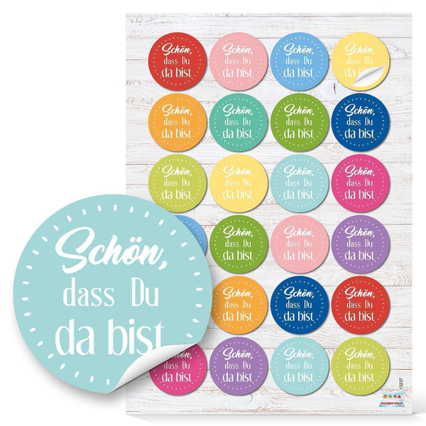 Schön dass du da bist Sticker bunt Ø 4 cm 96 Aufkleber / 4 Bögen
