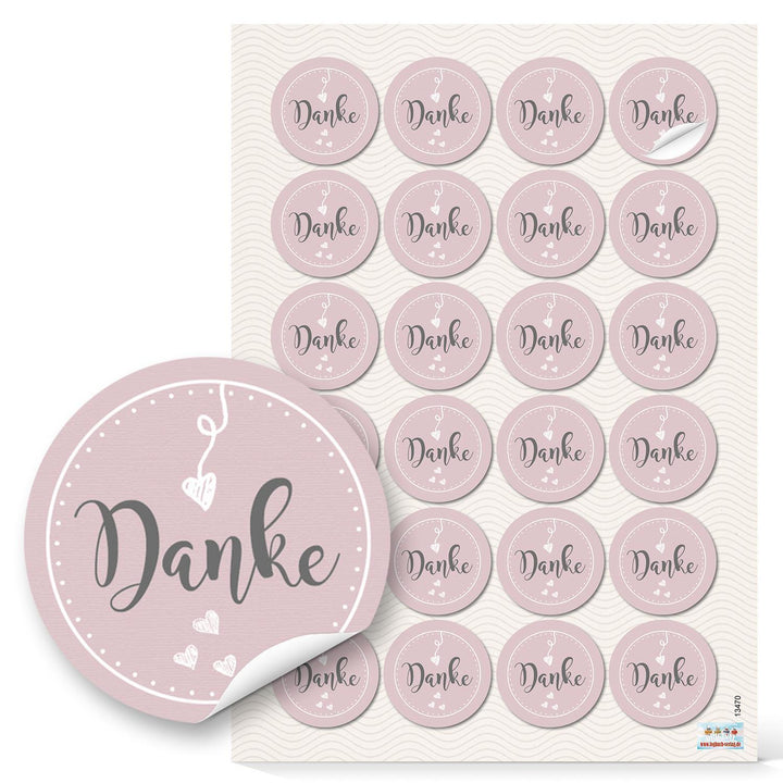Aufkleber Danke - 4 cm - rund altrosa weiß shabby chic Geschenkaufkleber 96 Aufkleber / 4 Bögen