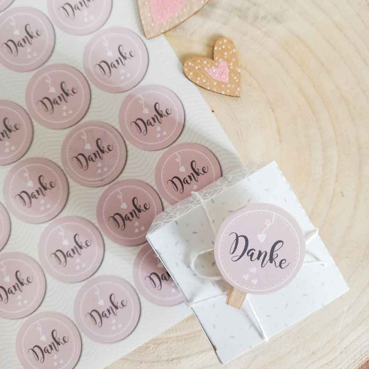 Aufkleber Danke - 4 cm - rund altrosa weiß shabby chic Geschenkaufkleber 96 Aufkleber / 4 Bögen
