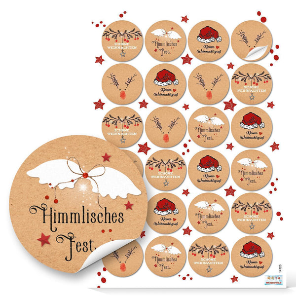 Weihnachtsaufkleber rund 4 cm in Kraftpapier-Optik braun rot weiß - Weihnachtssticker mit Text 48 Aufkleber / 2 Bögen