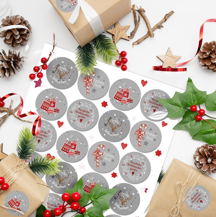 Frohes Fest Weihnachtssticker grau rot weiß 4 cm 96 Aufkleber / 4 Bögen