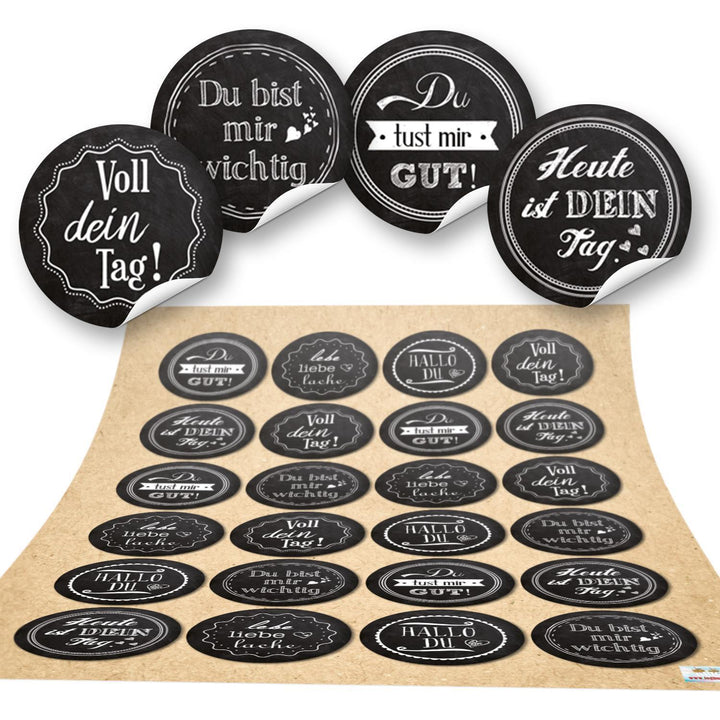 Dekoaufkleber mit verschiedenen Sprüchen schwarz weiß - 4 cm rund - basteln verpacken Motivation 96 Aufkleber / 4 Bögen