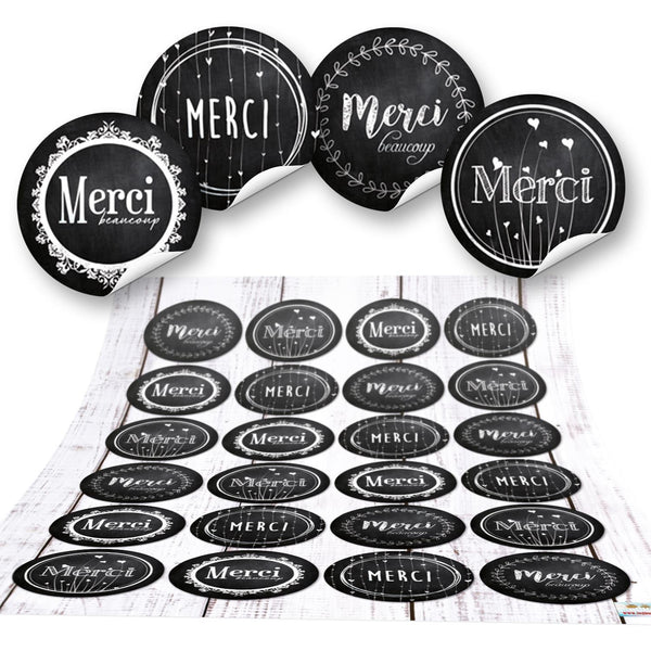Danke Sticker - 4 cm - rund schwarz weiß Vintage-Stil Tafelkreidelook mit Text Merci Gastpräsent 96 Aufkleber / 4 Bögen