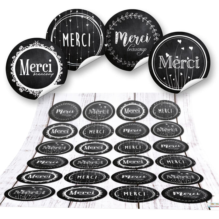 Danke Sticker - 4 cm - rund schwarz weiß Vintage-Stil Tafelkreidelook mit Text Merci Gastpräsent 96 Aufkleber / 4 Bögen