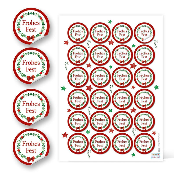 Weihnachtssticker Frohes Fest rot weiß grün Ø 4 cm 96 Aufkleber / 4 Bögen