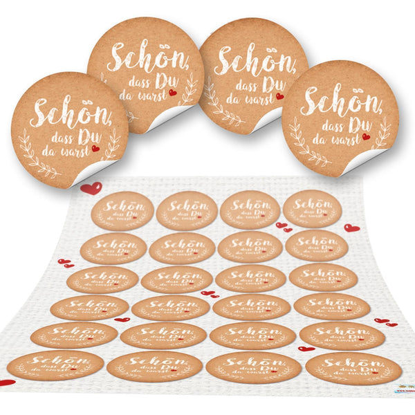 Schön, dass du da bist Sticker in Kraftpapier-Optik braun weiß 4 cm 96 Aufkleber / 4 Bögen