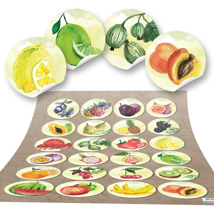 Obst Aufkleber rund 4 cm - bunte Küchenaufkleber mit Obstmotiv 96 Aufkleber / 4 Bögen