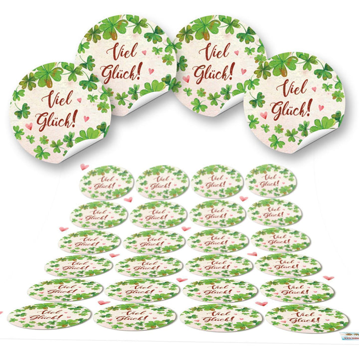 Viel Glück Aufkleber grün weiß - 4 cm rund - Sticker für Silvester Neujahr Prüfung 96 Aufkleber / 4 Bögen
