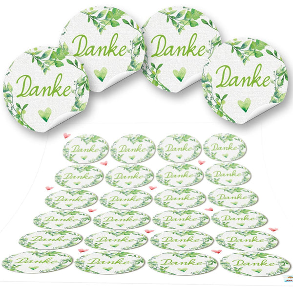 Danke Aufkleber rund Ø 4 cm grün mit Blätterranken 96 Aufkleber / 4 Bögen