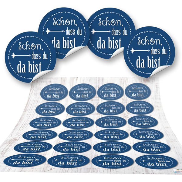 Schön dass du da bist Deko Sticker 4 cm blau 96 Aufkleber / 4 Bögen