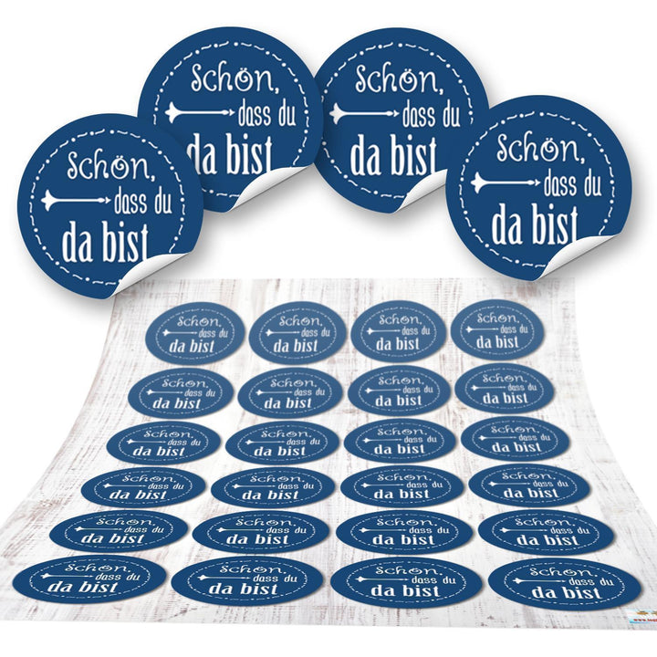 Schön dass du da bist Deko Sticker 4 cm blau 96 Aufkleber / 4 Bögen
