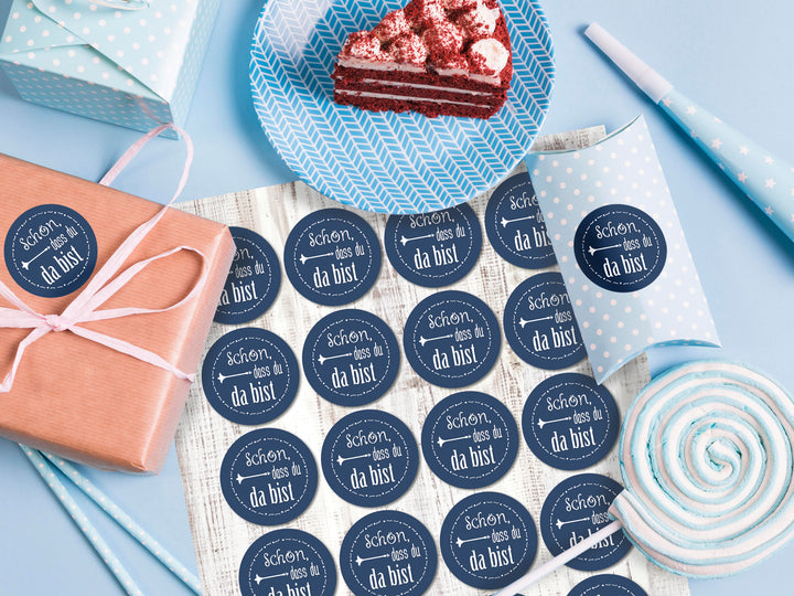 Schön dass du da bist Deko Sticker 4 cm blau 96 Aufkleber / 4 Bögen