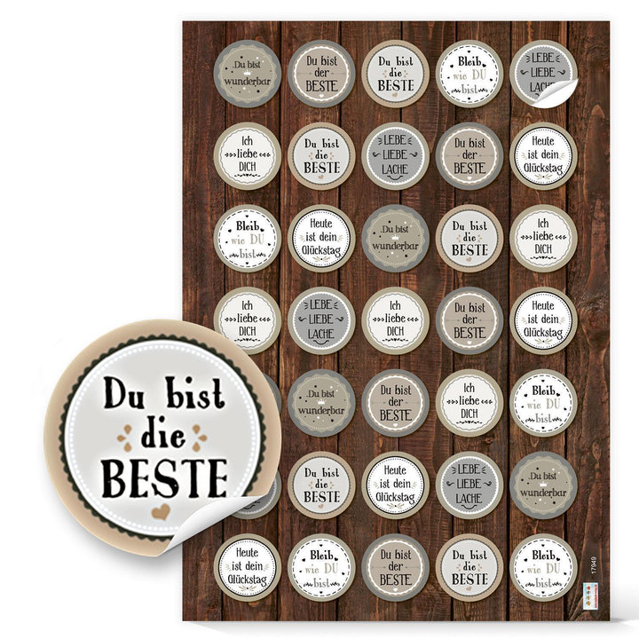 Motivationsaufkleber - rund 3,2 cm - beige grau verschiedene Motivationssprüche verzieren 140 Aufkleber / 4 Bögen