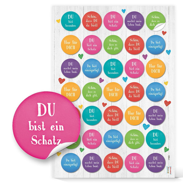 Bunte Geschenkaufkleber 3,2 cm rund - Spruchaufkleber für Geschenke 140 Aufkleber / 4 Bögen