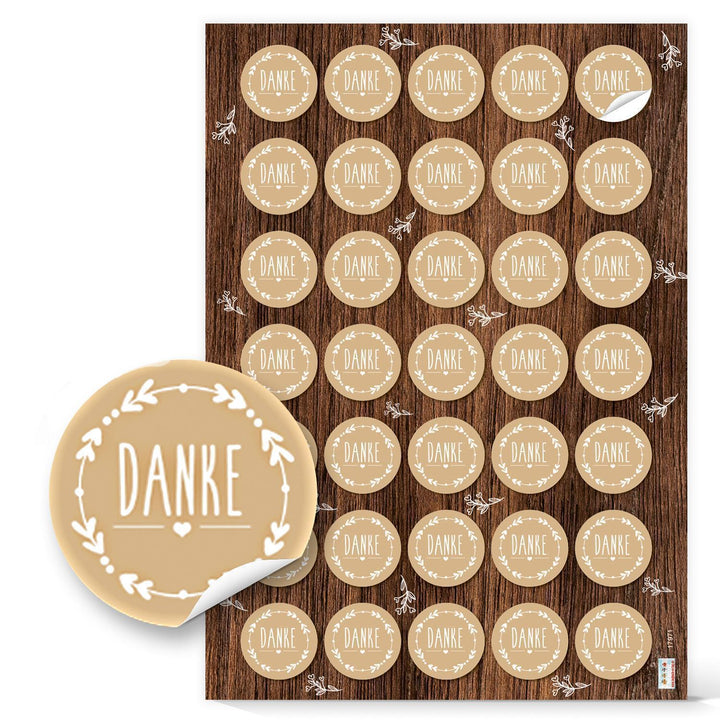 Dankesetiketten rund - 3,2 cm - beige Kraftpapierooptik weiß Geburtstagsgeschenk Hochzeitspräsent 140 Aufkleber / 4 Bögen