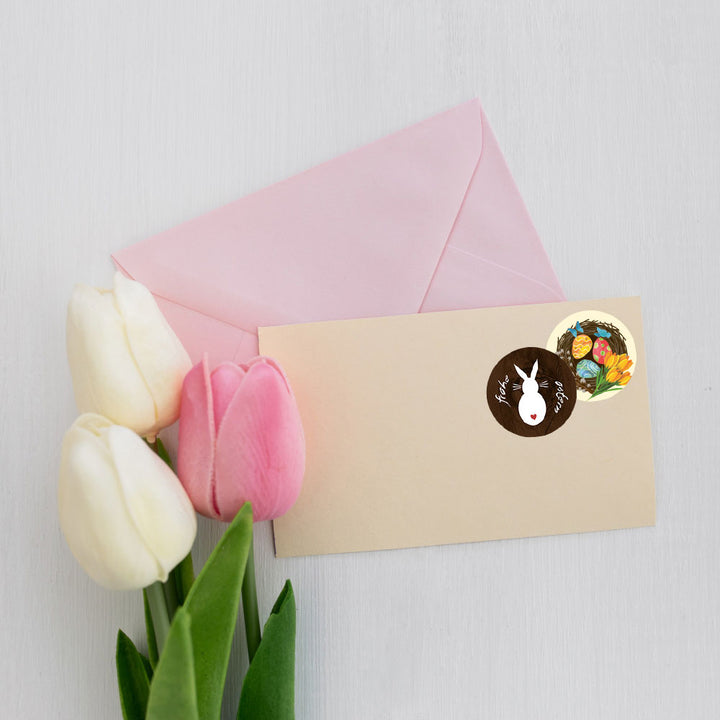 Ostersticker braun weiß mit Text "Frohe Ostern" Osterhase 4 cm rund - Foto 2