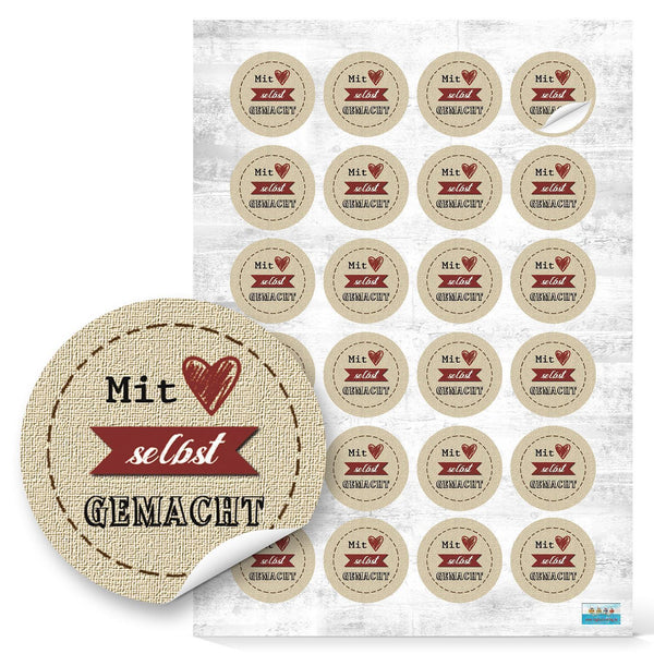 Mit Herz selbst gemacht Dekosticker - 4 cm rund - natur rot schwarz Gastgeschenk Mitgebsel 96 Aufkleber / 4 Bögen