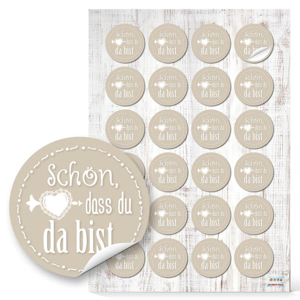 Schön, dass du da bist Aufkleber beige weiß Ø 4 cm 96 Aufkleber / 4 Bögen